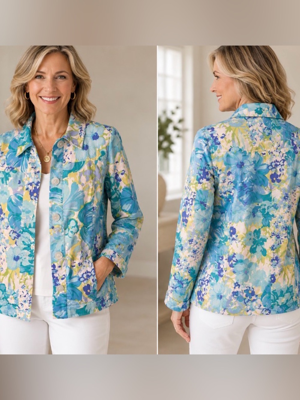 Appleseeds Jacket Blazer Size 10, M Floral Button Up Long Sleeve Pockets EUC